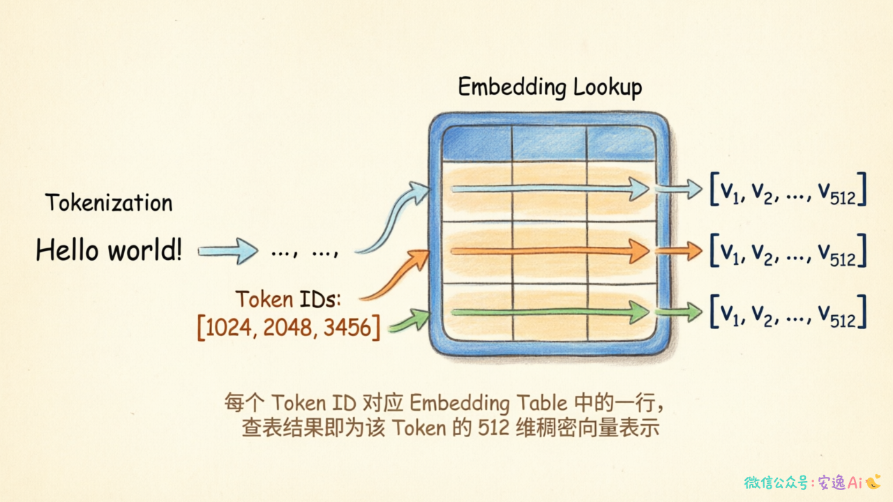Token Embedding 查表流程图,展示 tokenization → token ID → 查表得到512维向量的完整过程