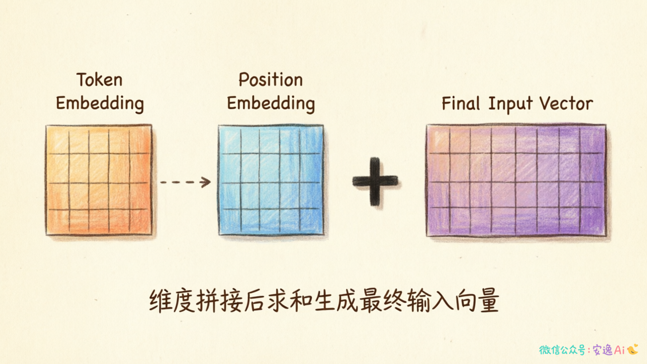 流程图,展示 Token Embedding 向量和 Position Embedding 向量相加,生成最终输入向量的完整过程