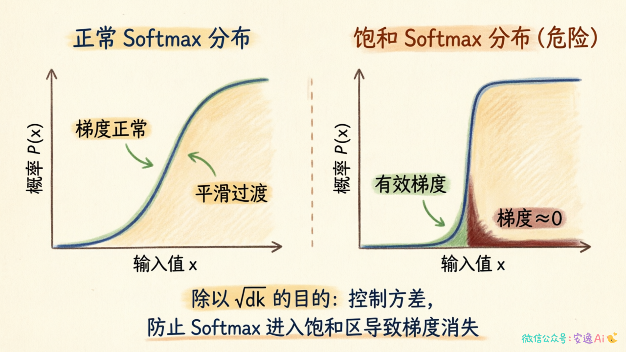 左右对比 softmax 正常分布与饱和分布,左边平滑概率曲线,右边接近阶跃函数的饱和曲线,标注"梯度≈0"的危险区域