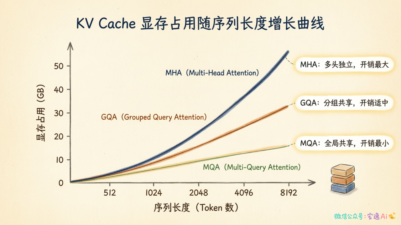 KV Cache 显存占用随序列长度增长曲线,32 层模型在不同序列长度下的显存消耗对比