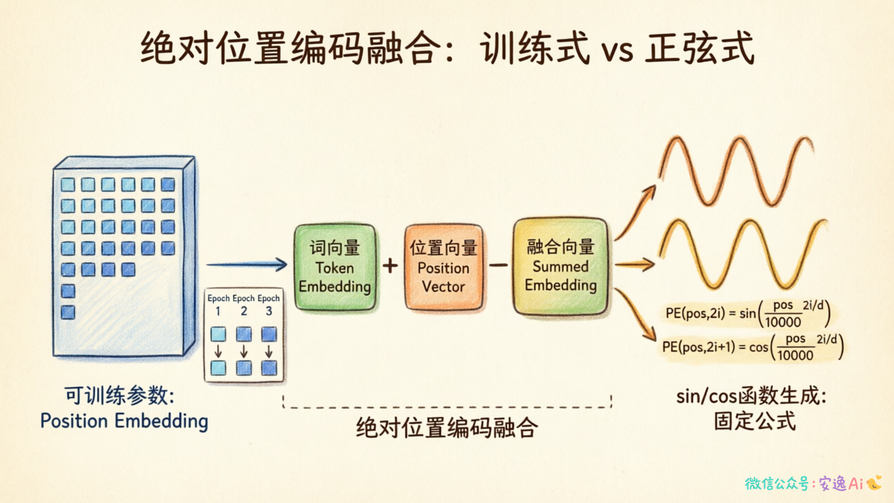 对比训练式和Sinusoidal两种绝对位置编码的实现方式,展示位置向量如何与词向量融合