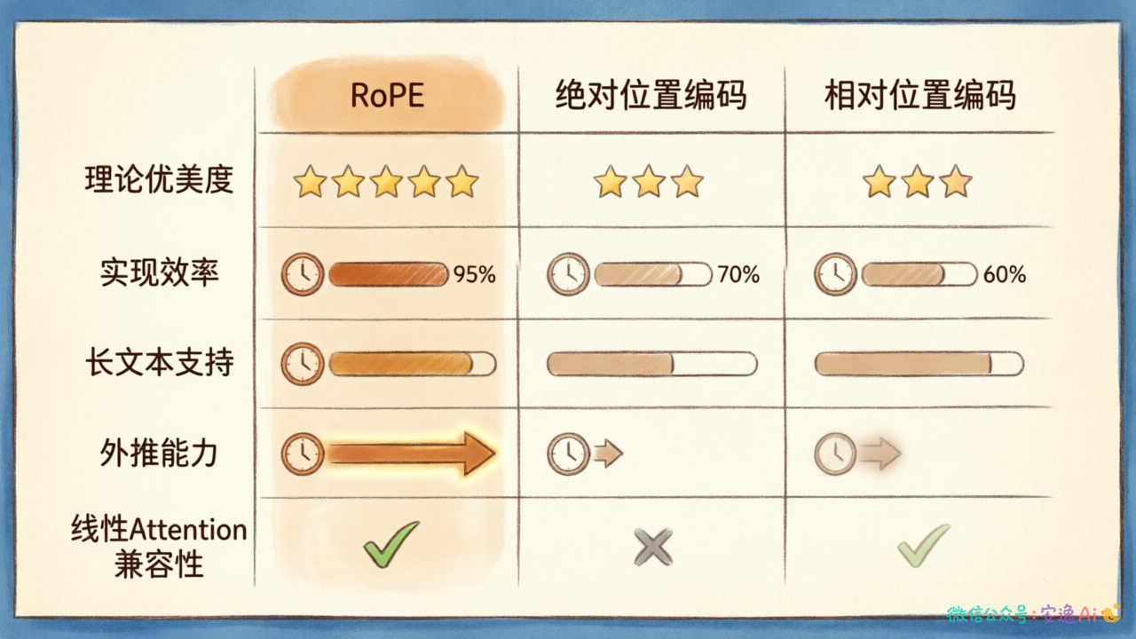 对比表格展示RoPE与绝对位置编码、相对位置编码在理论优美度、实现效率、长文本支持、外推能力、线性Attention兼容性等维度的表现