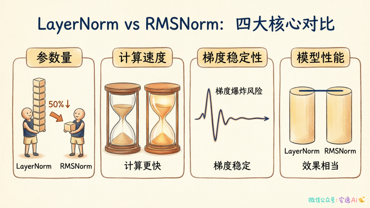 RMSNorm 四大优势的信息图,用四个并排的图标分别展示"参数量减半"(50%↓)、"计算更快"(延迟降低)、"梯度稳定"(曲线对比)、"效果相当"(性能柱状图)