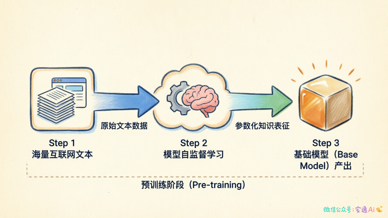 预训练阶段数据来源（海量互联网文本）→模型自监督学习→基础模型产出的流程图