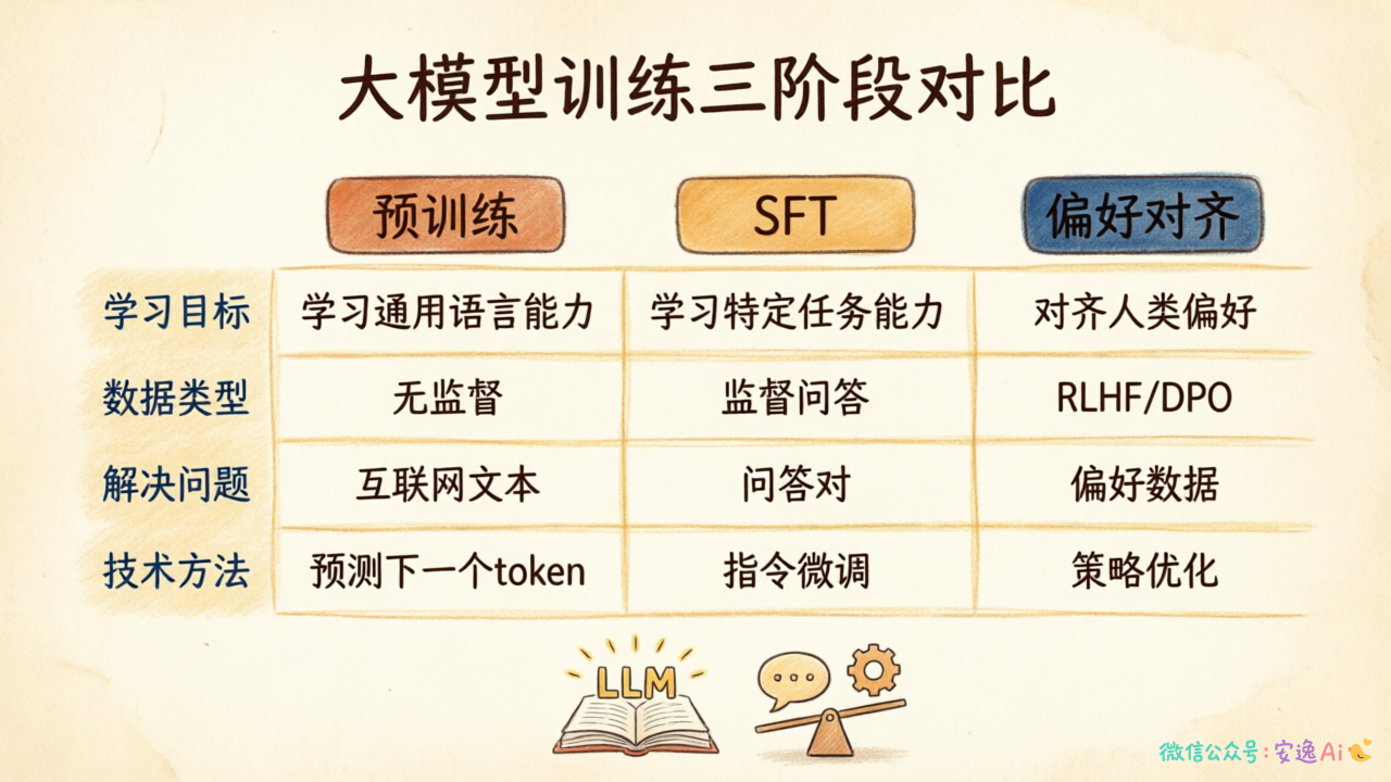 三阶段核心对比表，列出学习目标、数据类型、解决问题、技术方法四个维度的详细对比