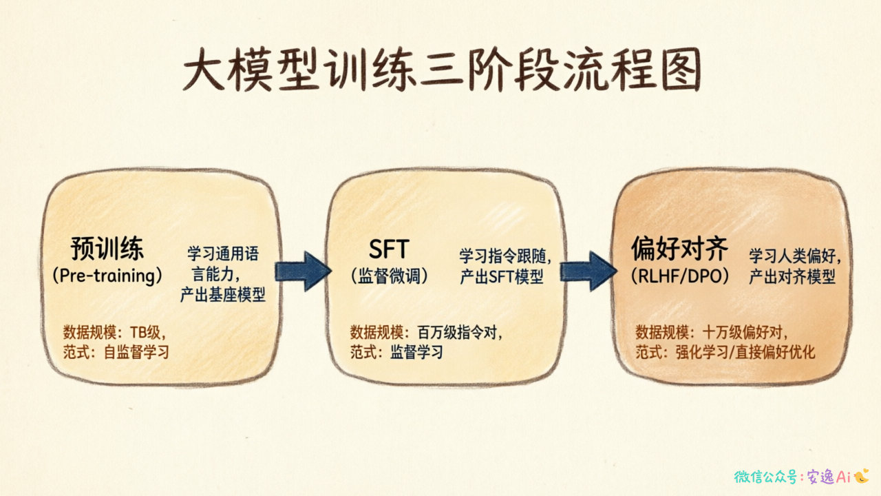 完整训练流程图，预训练→SFT→偏好对齐三阶段串联，每个阶段标注核心目标和产出模型