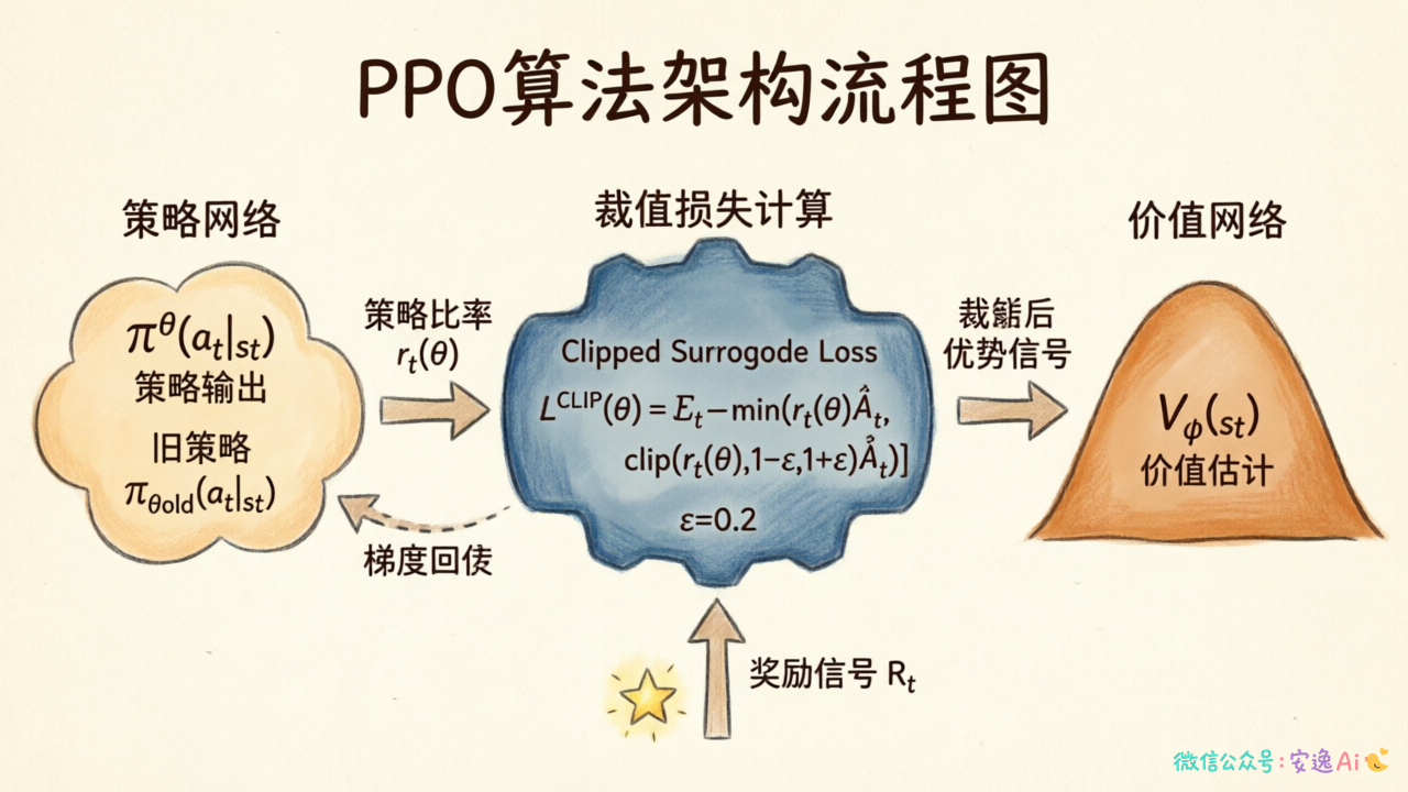 PPO算法架构图,展示策略网络、价值网络与裁剪机制的交互关系
