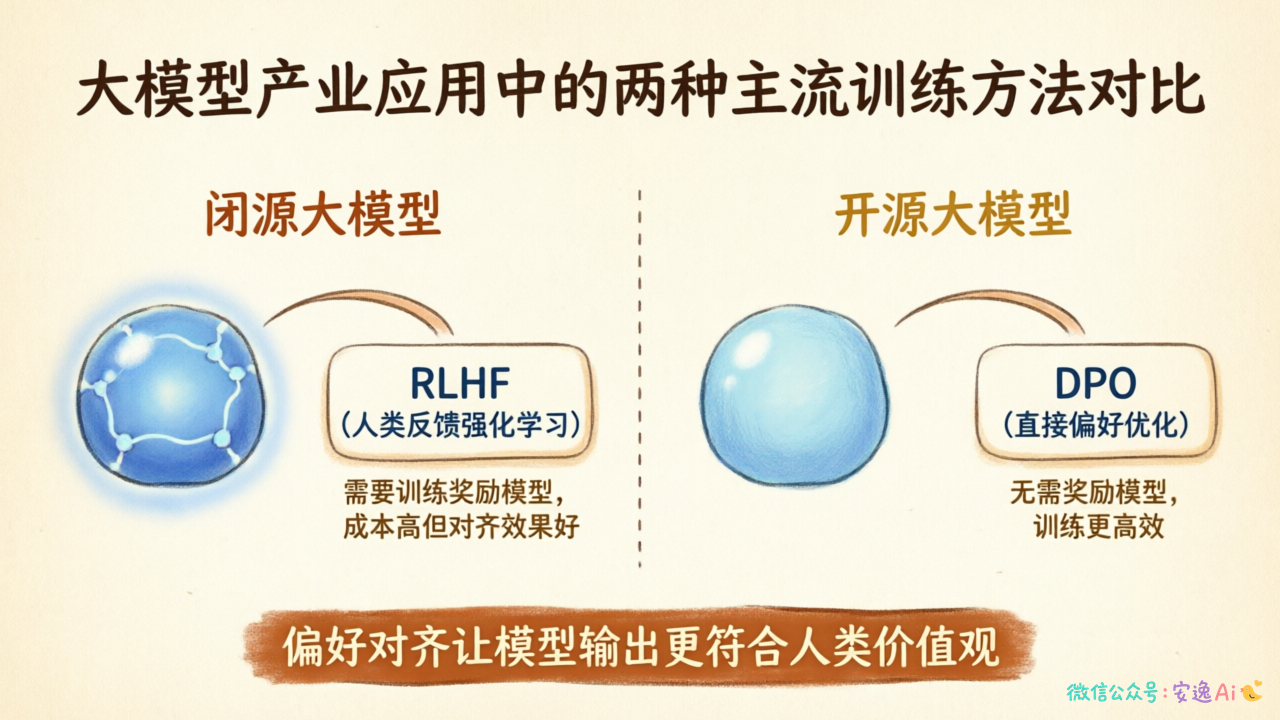 产业应用分布图,展示闭源模型使用RLHF、开源模型使用DPO的现状