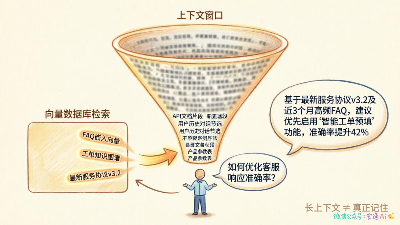 RAG检索增强生成的工作流程图,用户提问→检索→注入→回答