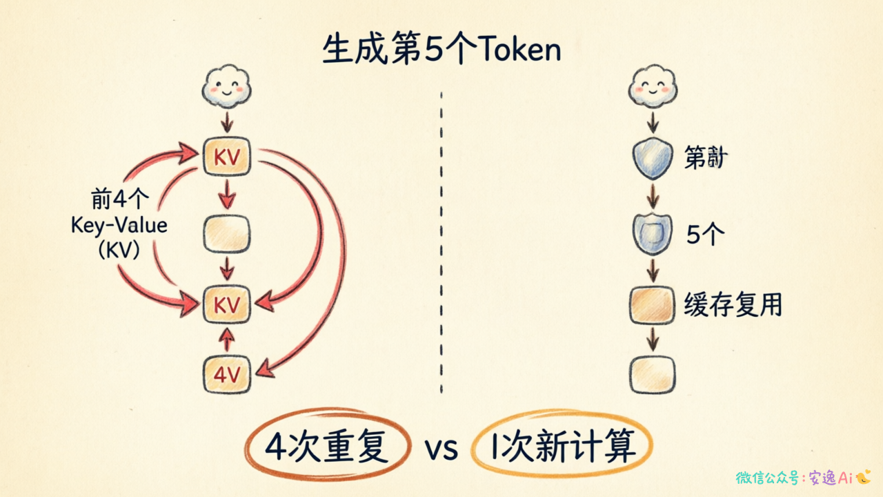 对比图展示生成第5个token时,前4个KV被重复计算的次数,形象展示计算浪费
