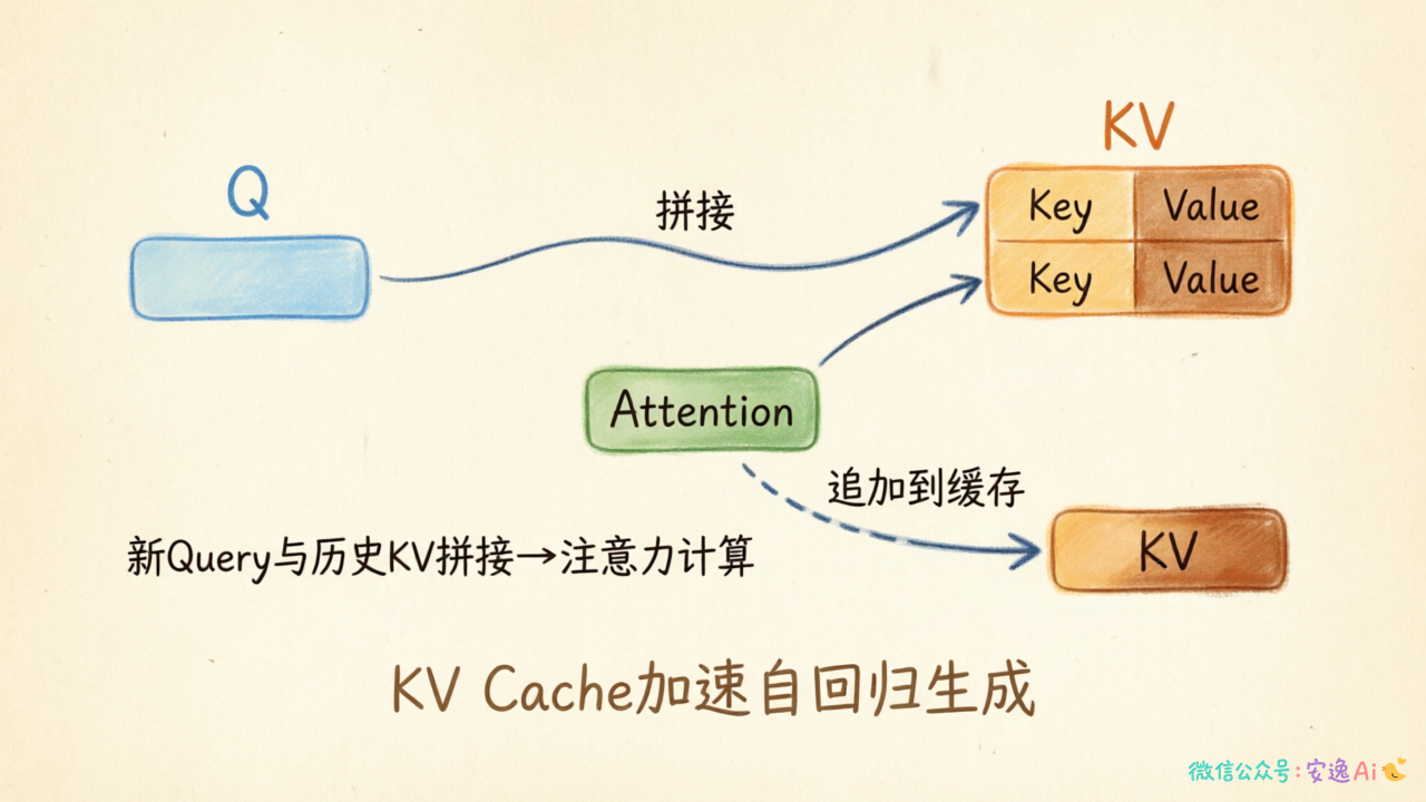 KV Cache工作原理的流程图,展示新token的Query与缓存的历史KV拼接进行注意力计算