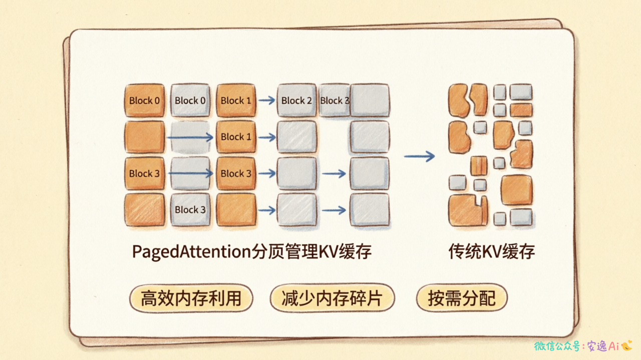 PagedAttention分页管理KV缓存的架构图,展示内存块的高效利用方式