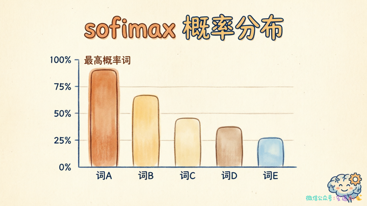大模型输出层 softmax 后候选词概率分布图,横轴是词,纵轴是概率