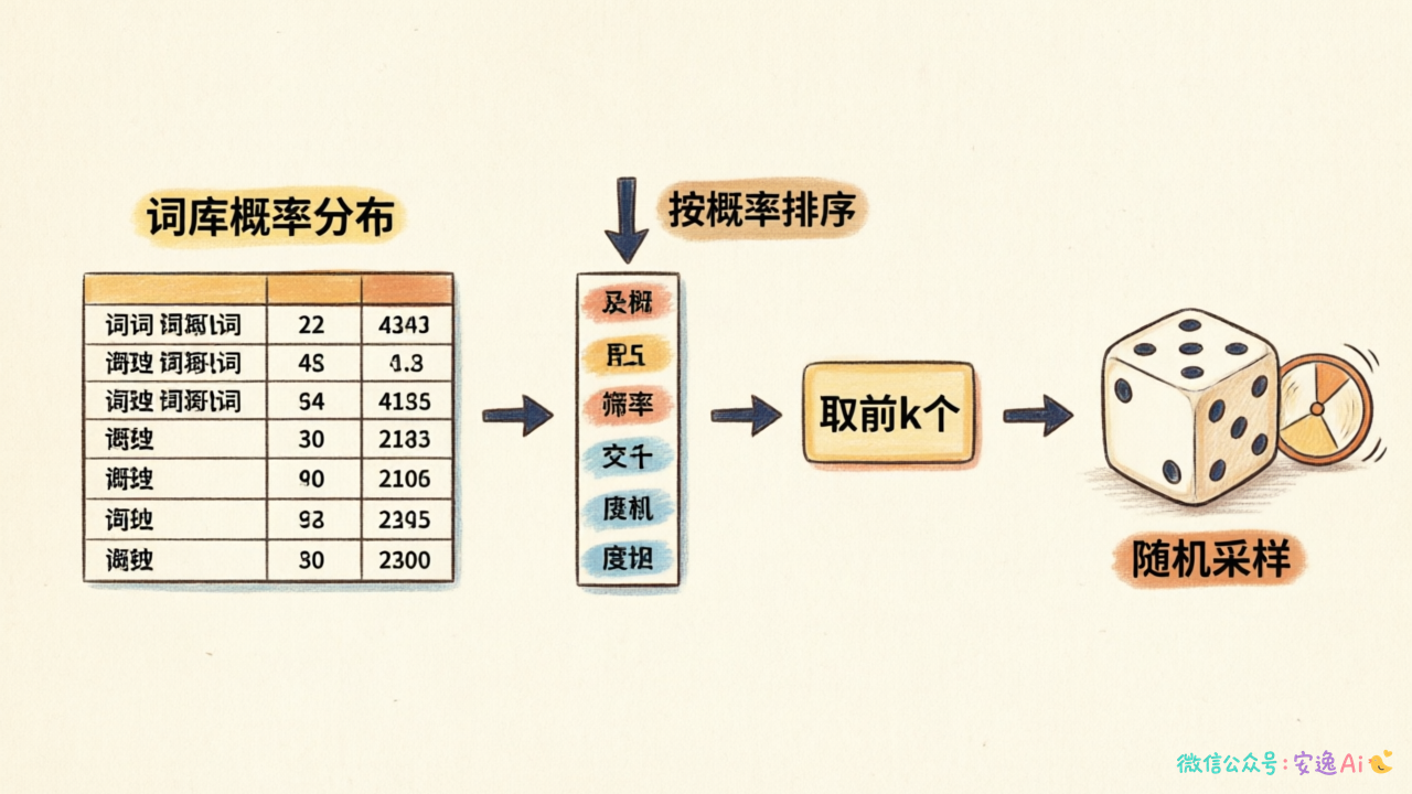 Top-k 采样流程图,从词库排序到取前k个到随机采样的步骤