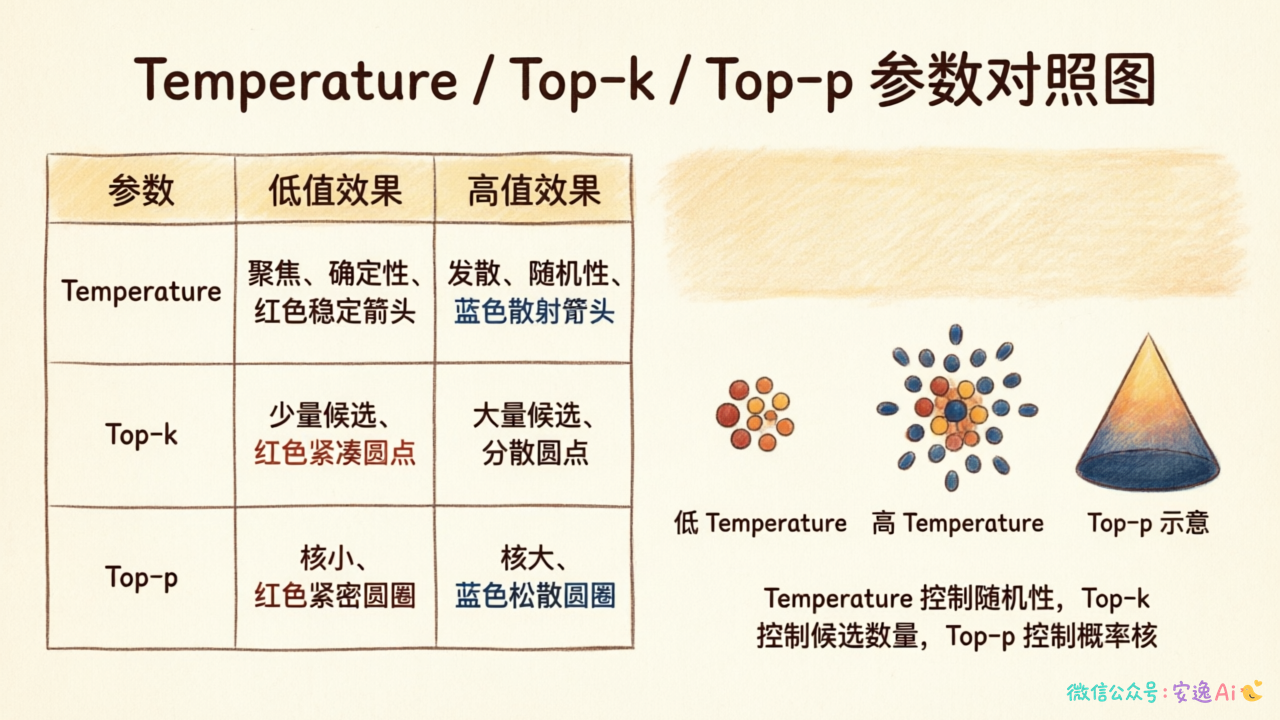 场景-参数推荐对照表,展示不同场景的温度和采样设置