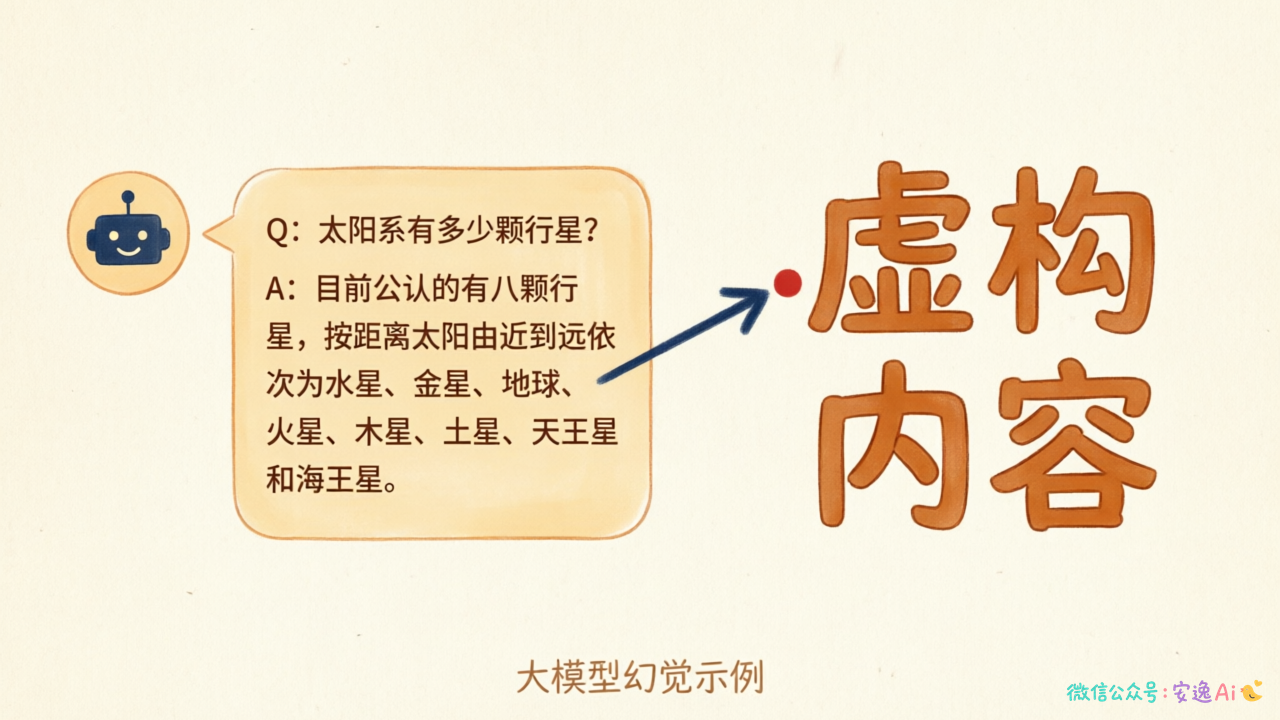 AI回答界面截图与事实核查标注对比,左边显示流畅回答,右边红字标注"虚构内容"