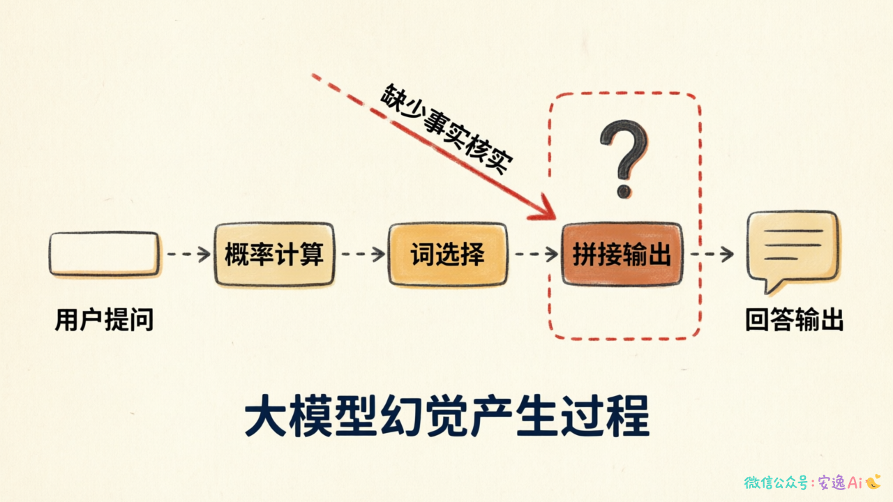 流程图展示"输入→概率计算→词选择→拼接输出"的过程,突出缺少"事实核实"环节