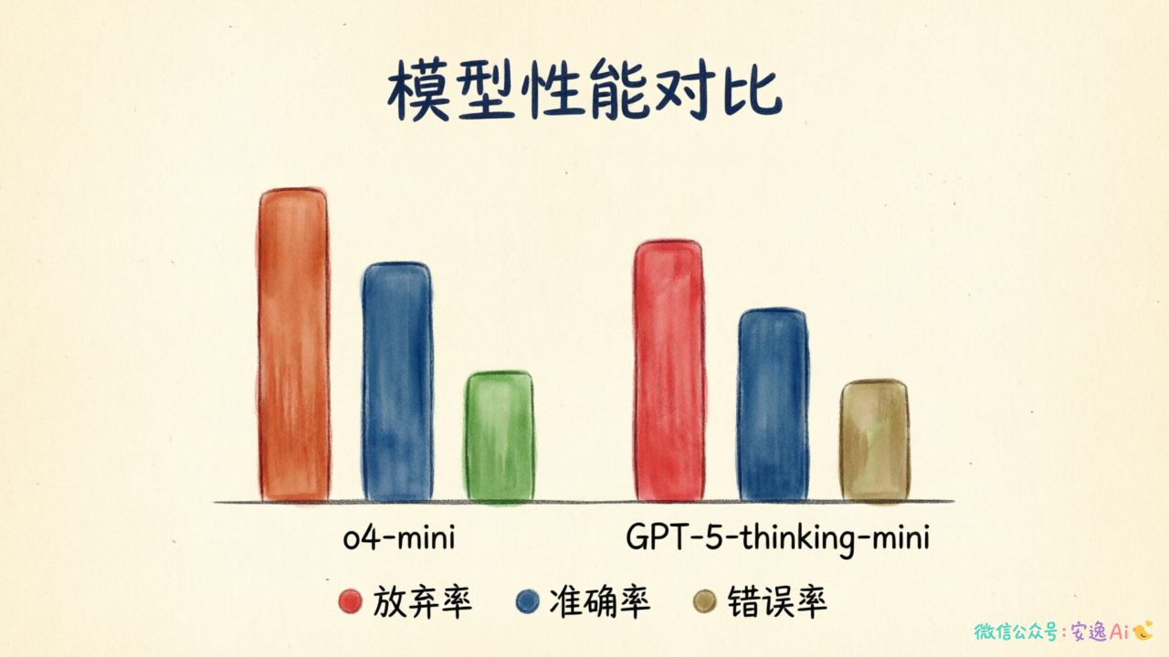 三种颜色的柱子分别代表放弃率、准确率、错误率,对比o4-mini和GPT-5-thinking-mini
