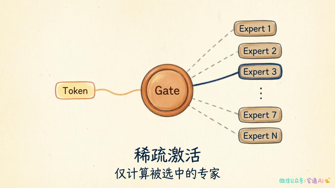 稀疏激活过程图,展示 token 如何通过门控被分配到 Top-2 专家的处理流程