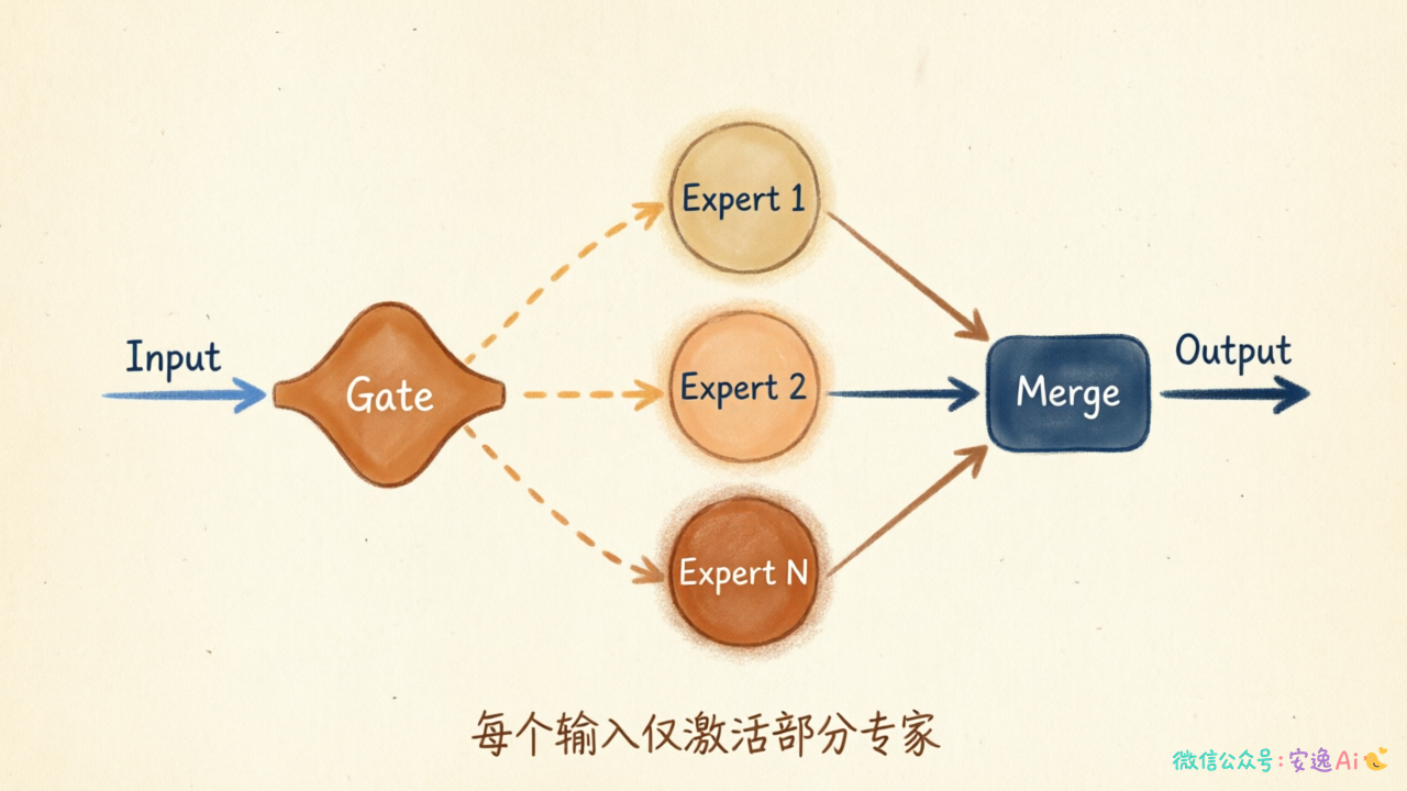 MoE 基本结构图,展示输入经过门控网络路由到多个专家网络并合并输出的完整流程