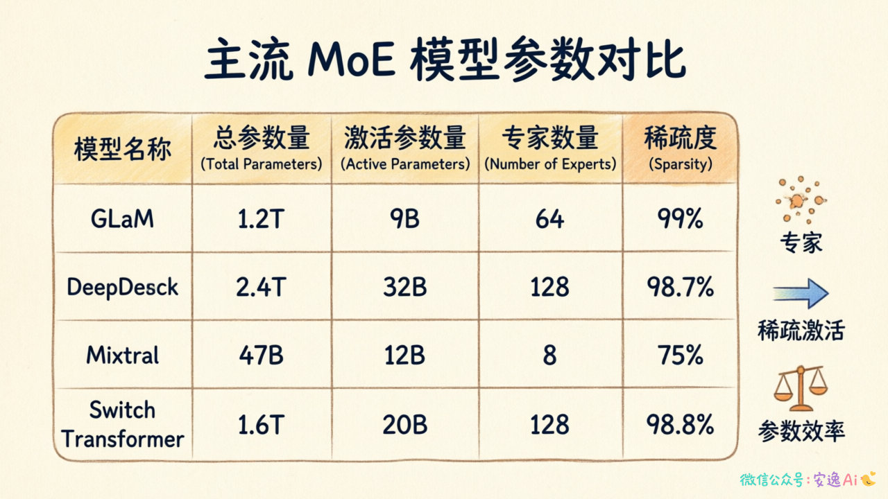 主流 MoE 模型参数对比表,列出 GLaM、DeepSeek、Mixtral、Switch Transformer 等的关键数据