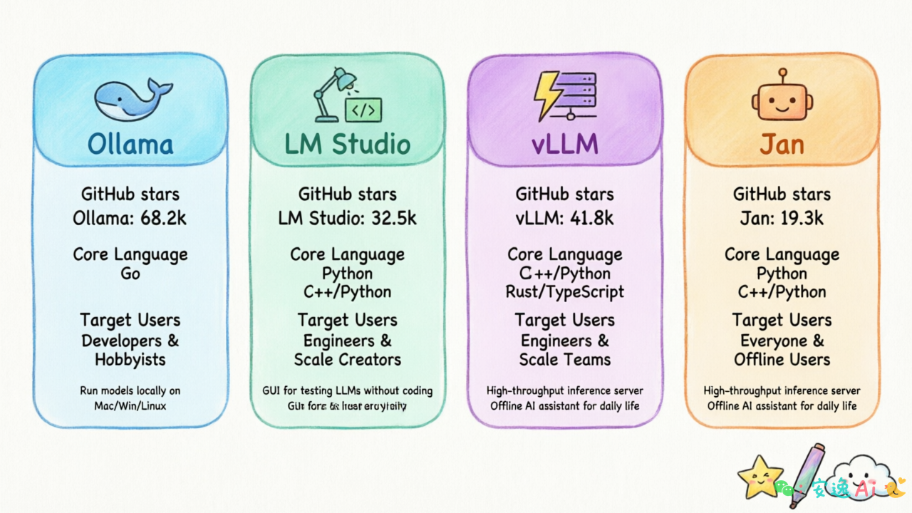 四大工具定位对比图,展示GitHub stars、核心语言、适用人群