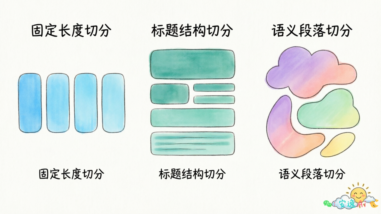 文档切分策略示意图,展示固定长度、标题结构、语义段落三种切分方式的效果