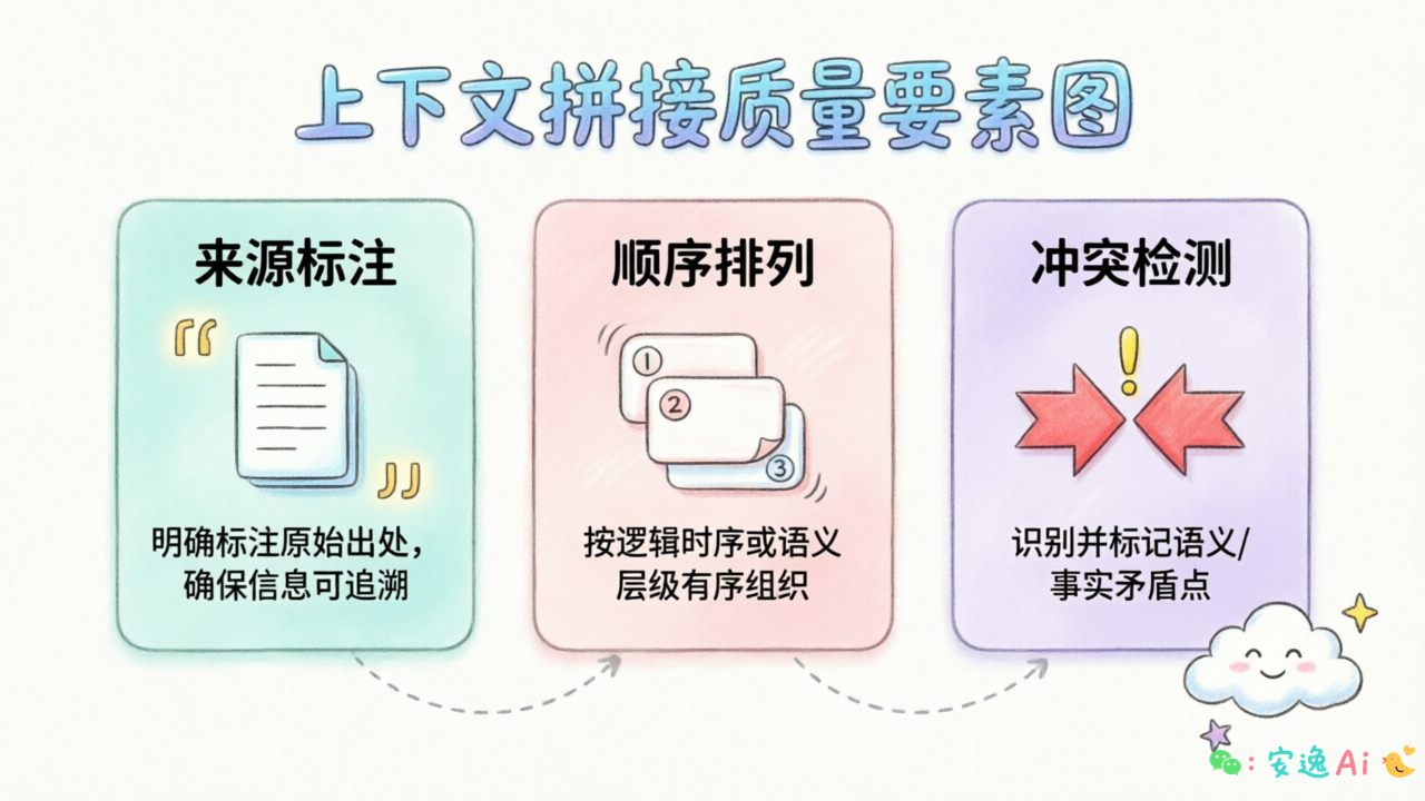 上下文拼接质量要素图,展示来源标注、顺序排列、冲突检测的拼接要点