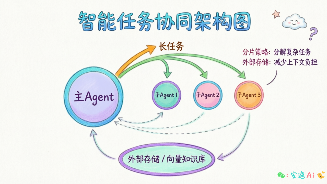 长任务分片策略图:主Agent + 外部存储 + 子Agent的协作架构