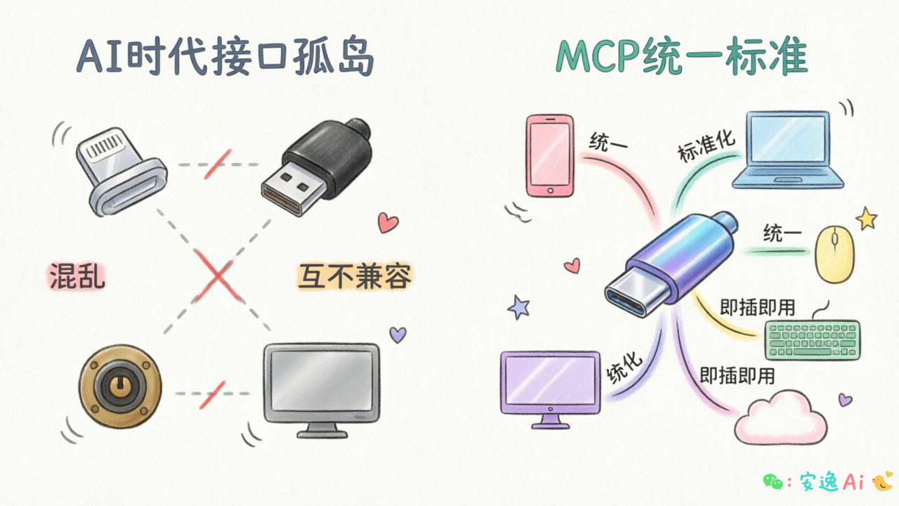 USB-C接口统一多设备连接的示意图,对比AI时代接口孤岛与MCP统一标准的差异