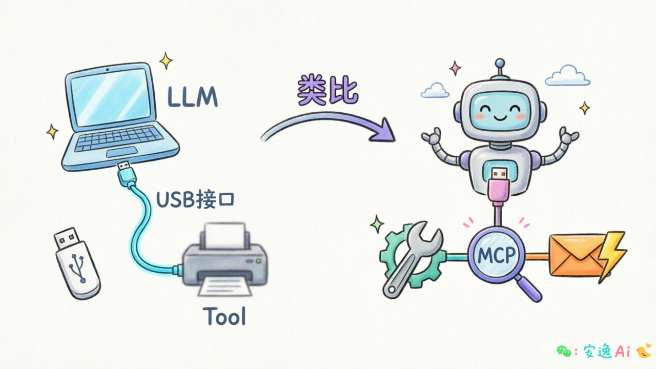 USB接口连接电脑与外部设备，类比MCP连接LLM与工具