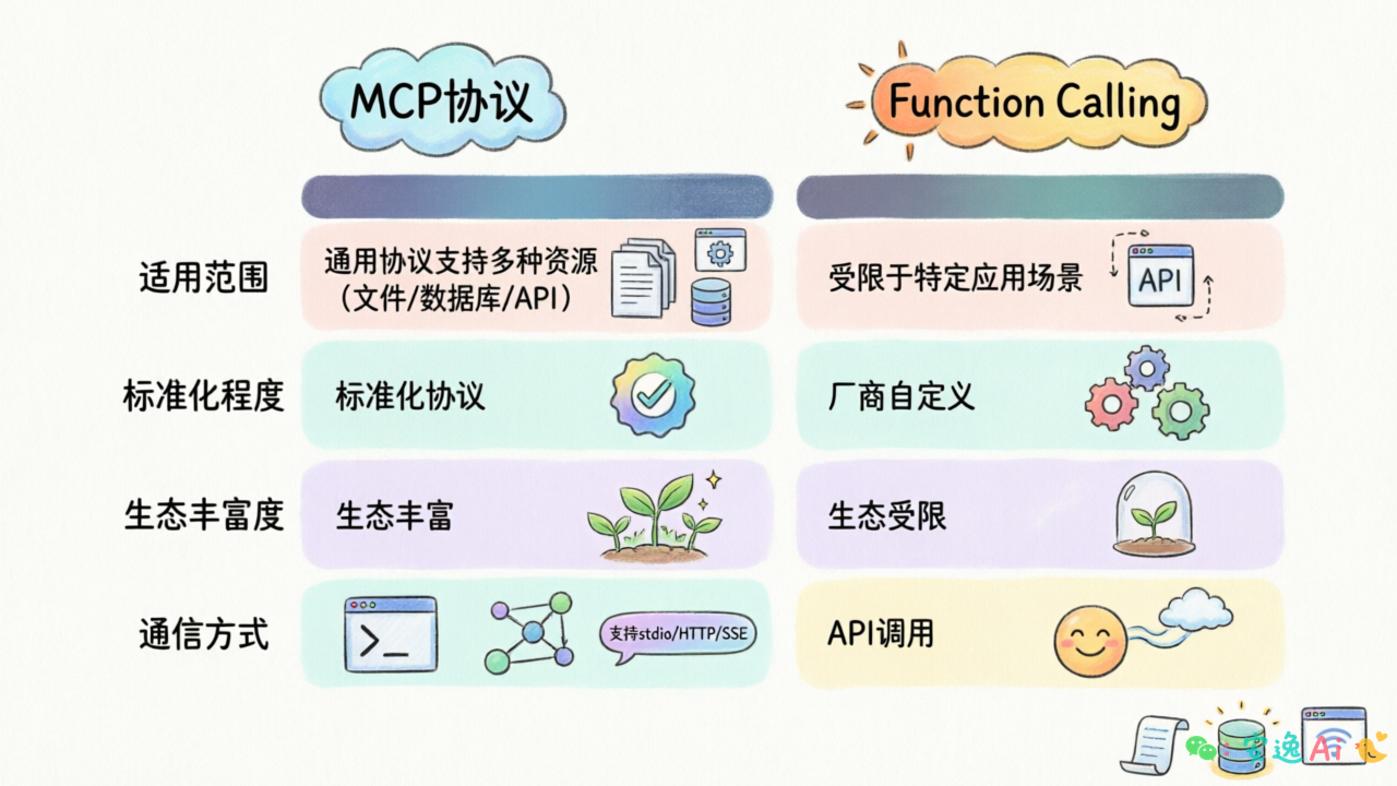 MCP与Function Calling对比表,展示适用范围、标准化程度、生态丰富度、通信方式四个维度