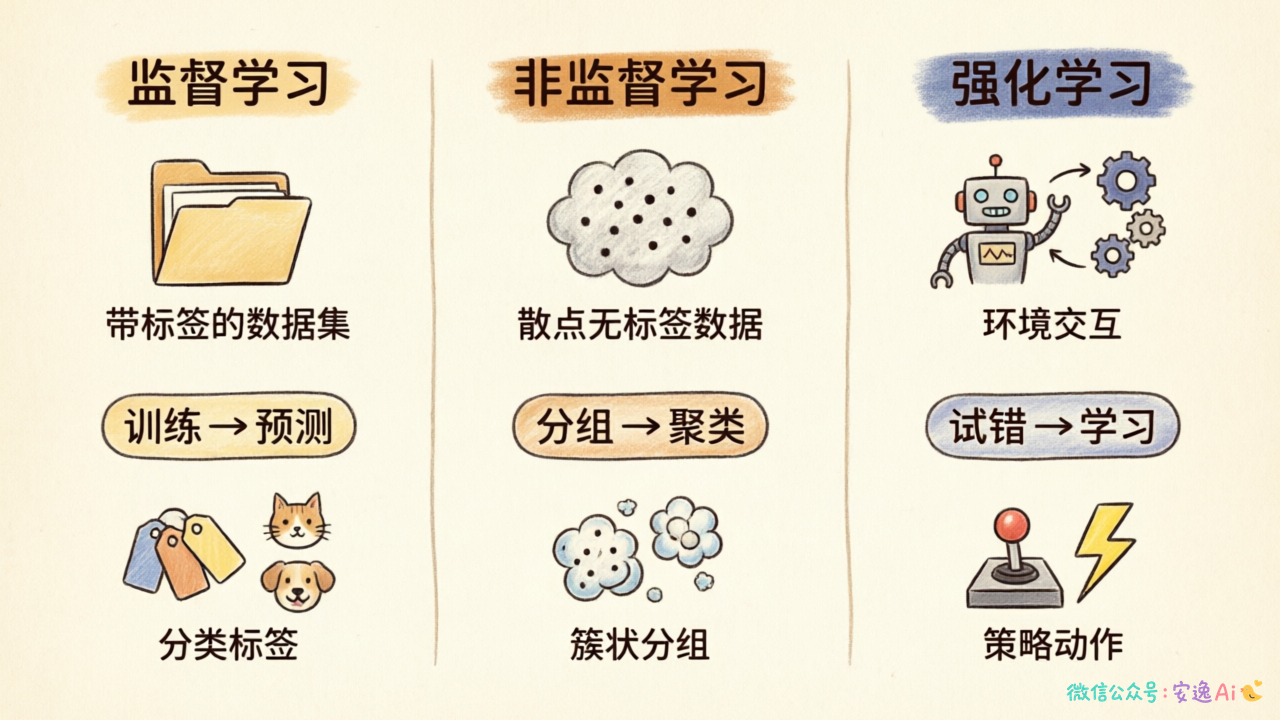 监督学习vs非监督学习vs强化学习三栏对比图,清晰展示数据输入、学习方式、输出结果的差异