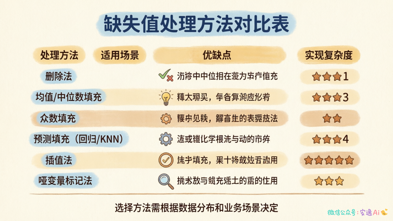 缺失值处理方法对比表,包含各种方法的适用场景、优缺点和实现复杂度