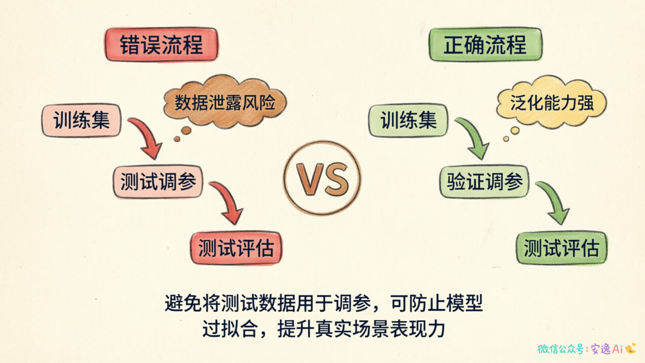 流程图展示错误流程(训练→测试调参→测试评估)与正确流程(训练→验证调参→测试评估)的对比