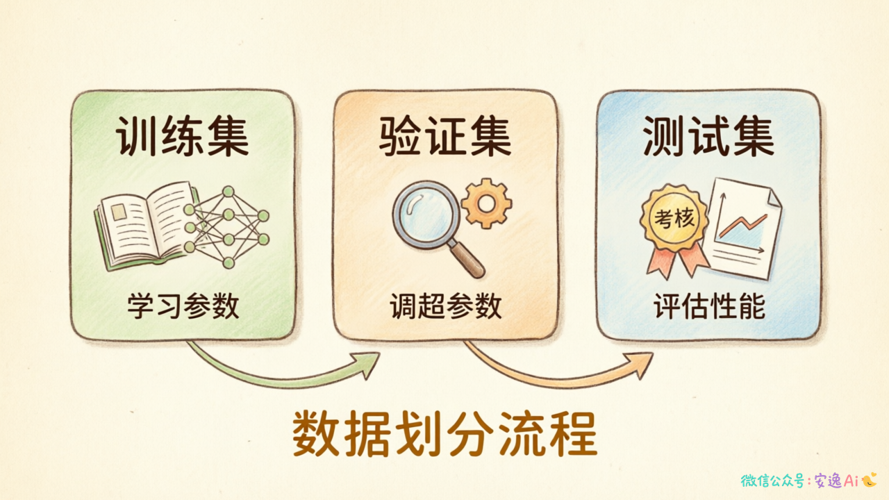 三张卡片分别标注"训练集""验证集""测试集",下方用箭头连接,展示数据流向和各自职能