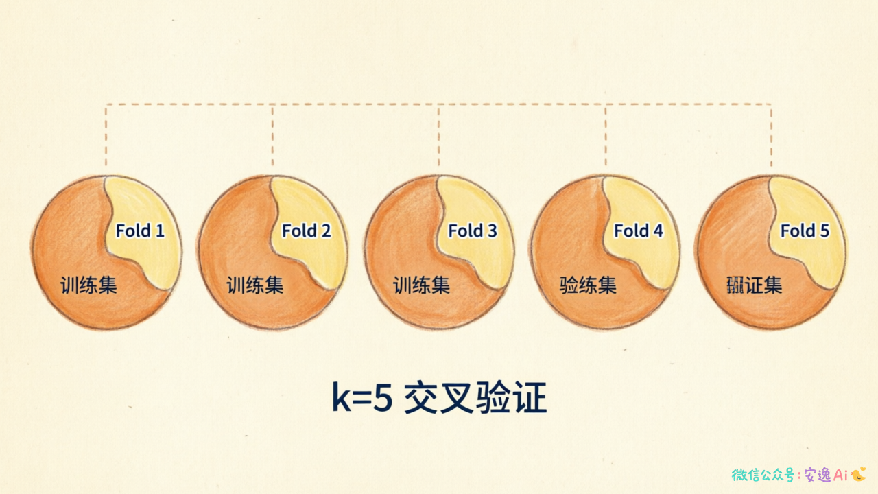 展示k=5的交叉验证示意图,5个相同的圆形数据集,每个被分割成深色训练区和浅色验证区