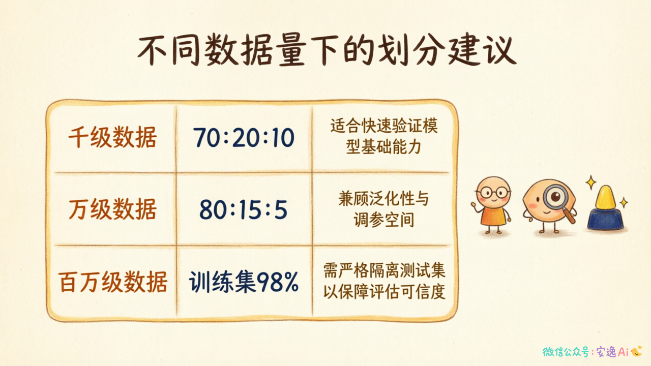 表格对比不同数据量下建议的划分比例(如千级、万级、百万级数据)
