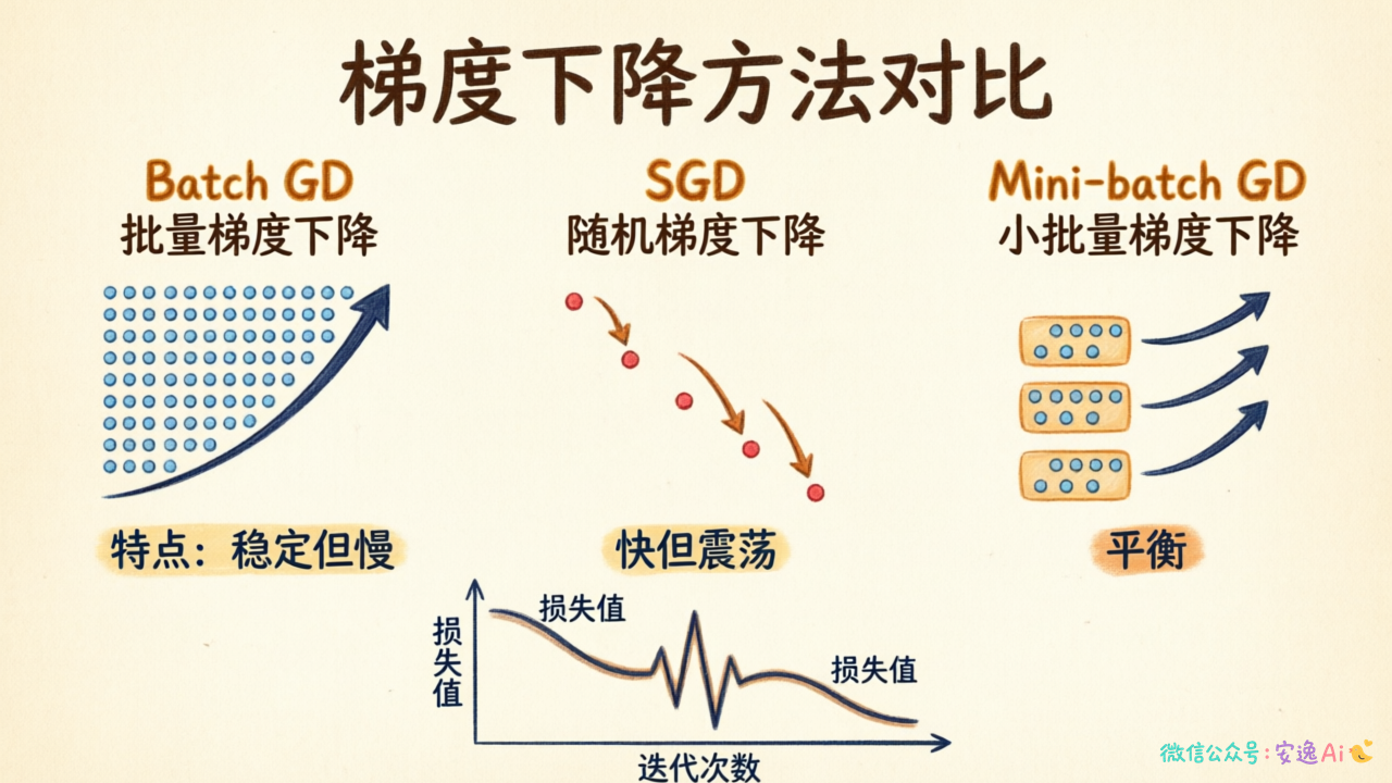 批量、随机、小批量三种梯度下降方法流程对比图