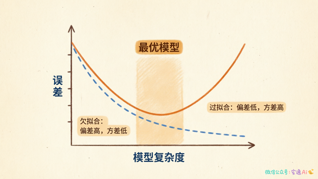 偏差-方差权衡曲线图,横轴是模型复杂度从低到高,纵轴是误差,展示了训练误差和测试误差随着复杂度增加的变化趋势,两条线在某点交汇形成最优区域