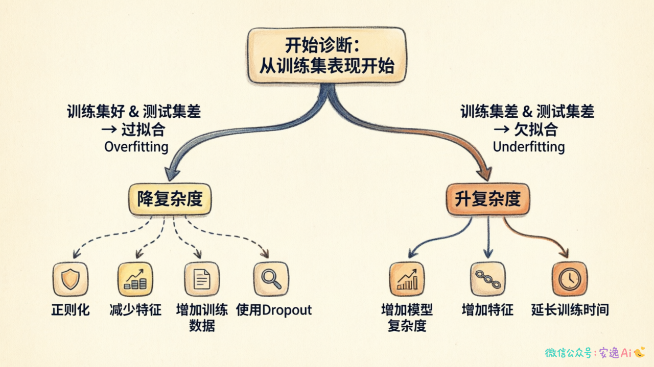 过拟合和欠拟合的诊断决策树,从训练集表现开始,如果训练集好测试集差则是过拟合,走左边降复杂度的分支;如果两者都差则是欠拟合,走右边升复杂度的分支,每个分支下方列出具体的解决措施