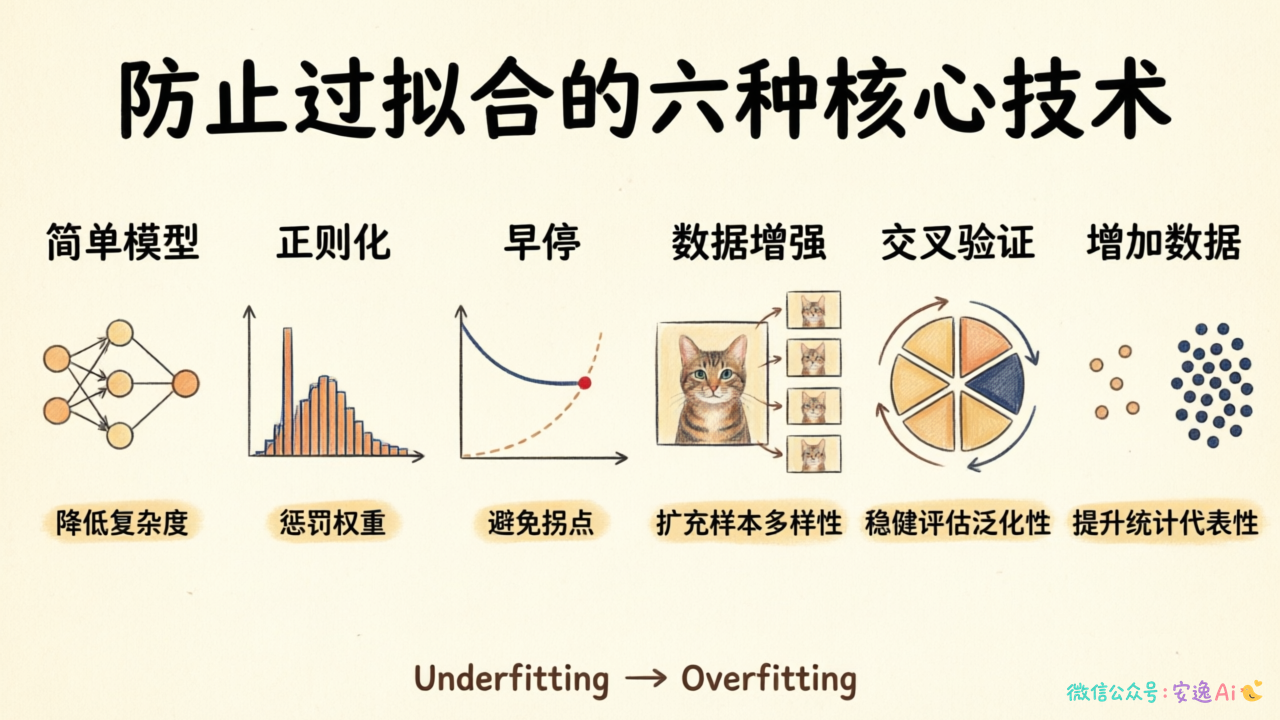 六种防过拟合技术的流程图,从左到右按复杂度从低到高排列,分别是简化模型、正则化、早停、数据增强、交叉验证、增加数据,每个技术旁边标注了适用场景和核心原理