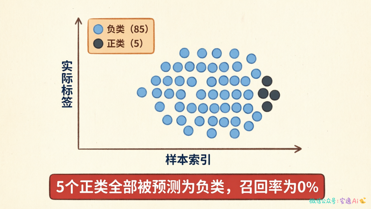 100个样本的不平衡数据集分布图,深色显示5个正类被全部预测为负类