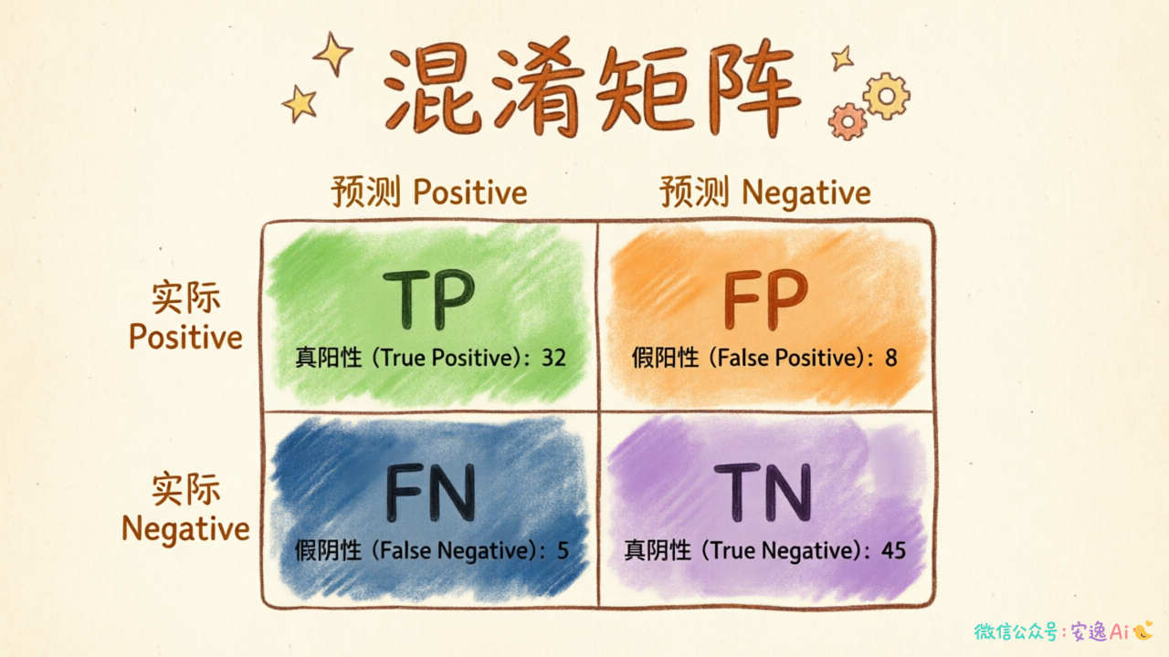 2×2混淆矩阵表格,TP/FP/FN/TN四个格子用不同颜色区分含义