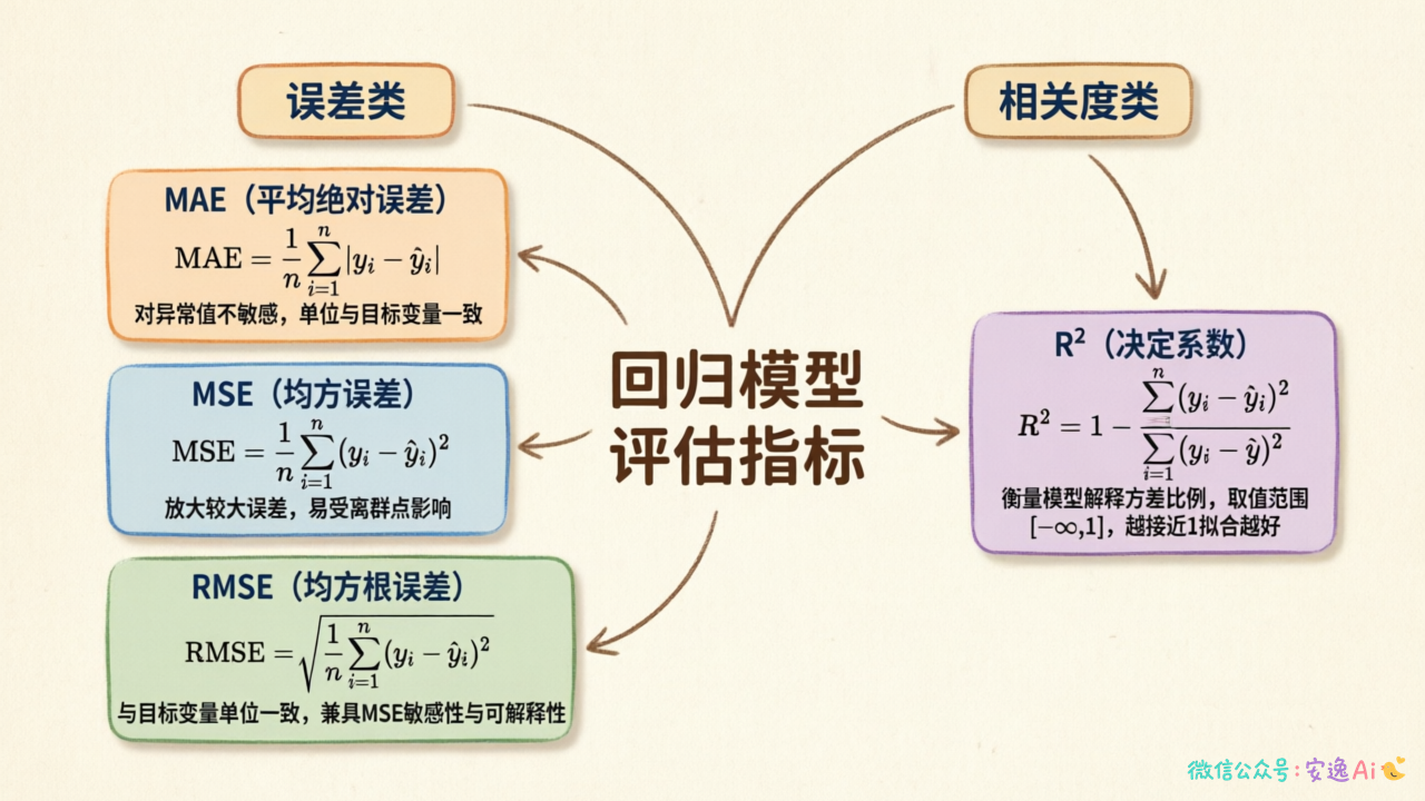 评估指标全景图,展示MAE、MSE、RMSE、R²等指标的关系和分类位置
