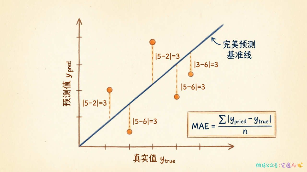 MAE计算示意图,用散点图展示预测值与真实值的绝对偏差
