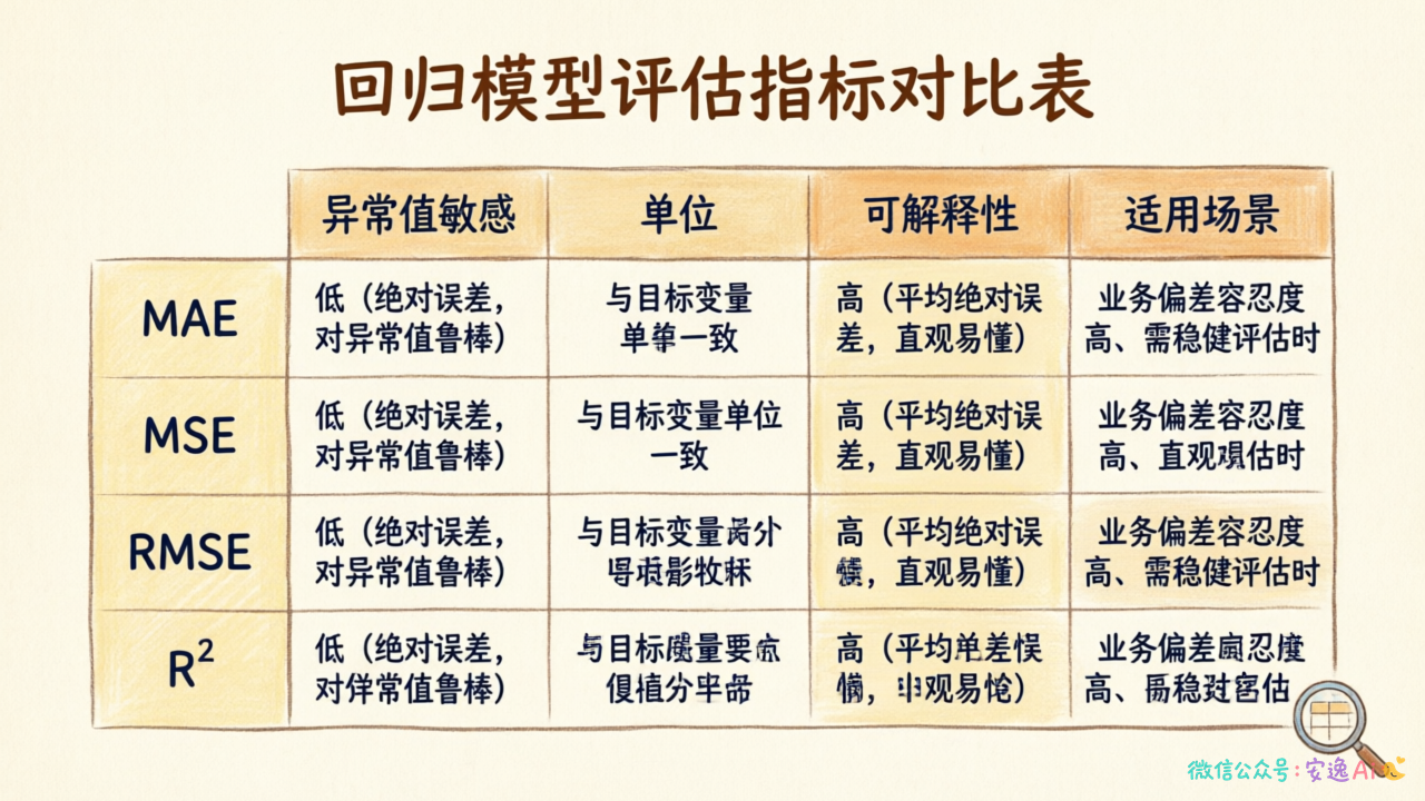 MAE、MSE、RMSE、R²四大指标对比表,从异常值敏感、单位、可解释性、适用场景四维度对比