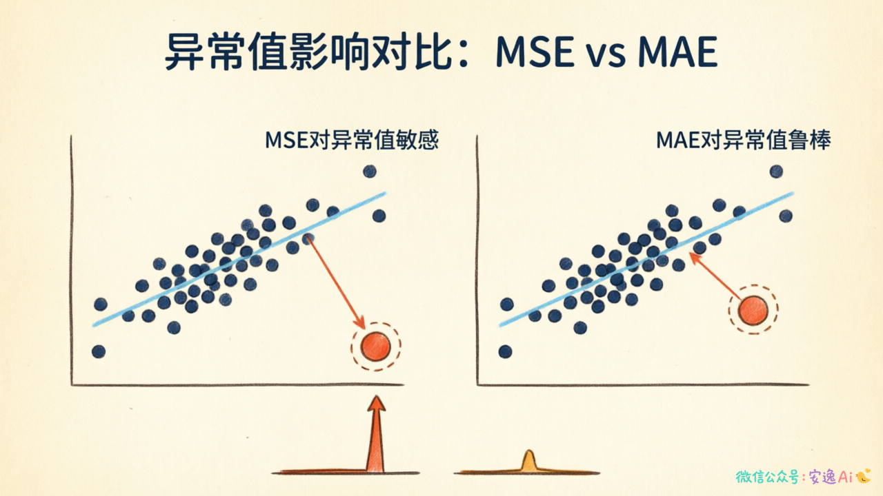 MAE与MSE对异常值敏感度对比图,展示同一个数据集加入异常点后两种指标的不同反应