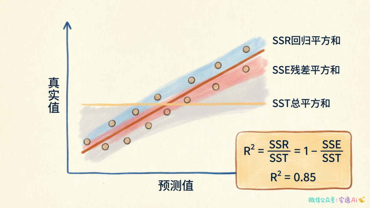 R²决定系数的几何解释图,展示回归线与均值线的位置关系