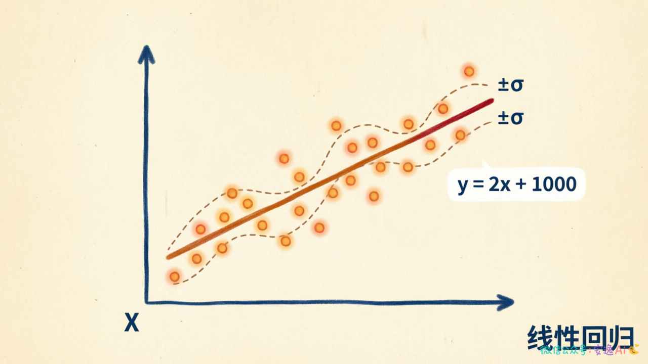 二维散点图上的拟合直线,直线标注公式 y = 2x + 1000